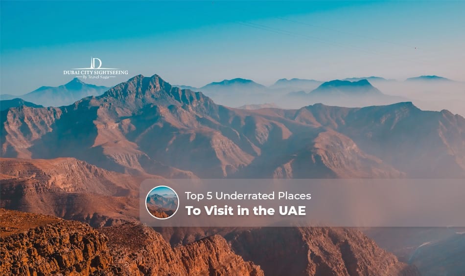 Scenic underrated destinations in the UAE featuring mountains, historic villages, beaches, and natural landscapes.