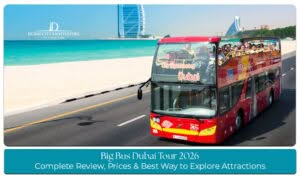 Big Bus Dubai sightseeing tour passing iconic landmarks and popular attractions in Dubai.