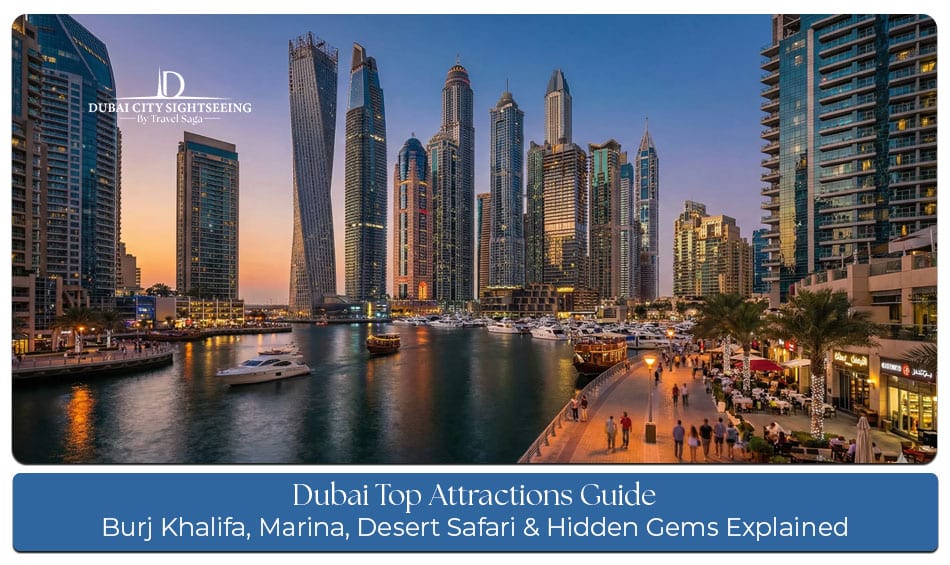 Dubai skyline featuring iconic attractions, modern architecture, and popular tourist landmarks.