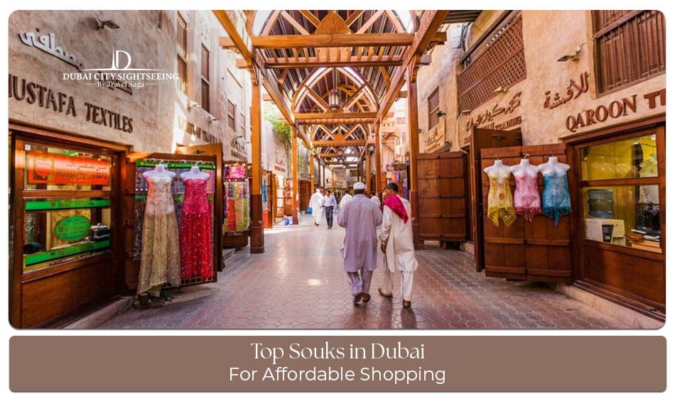 Traditional market souks in Dubai featuring gold jewelry, aromatic spices, textiles, and local shopping experiences.