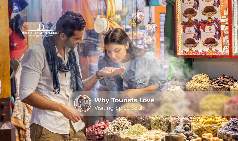 Tourists exploring colourful spice stalls at Dubai Spice Souk market