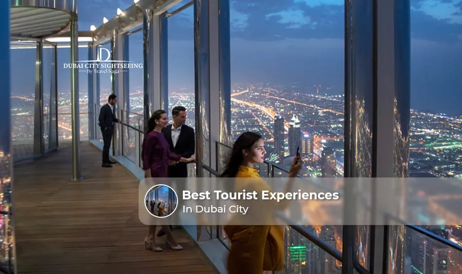 Tourists exploring Burj Khalifa, Dubai Marina, desert safari, traditional souks, and Dubai Creek