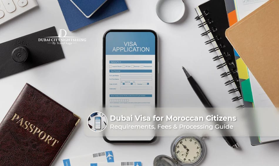 Moroccan traveler holding a passport while preparing for a Dubai visa application.