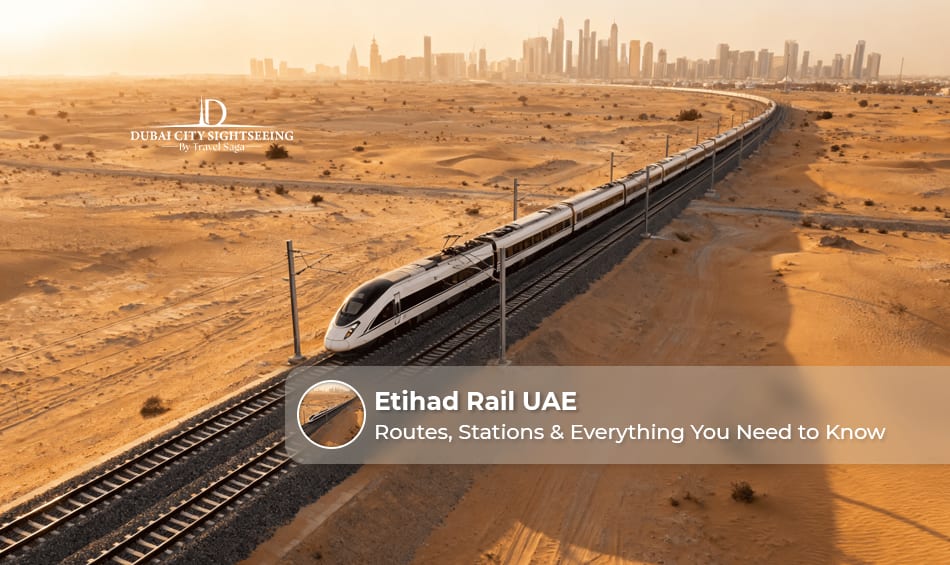 Etihad Rail passenger train traveling through the UAE with modern stations and comfortable coaches